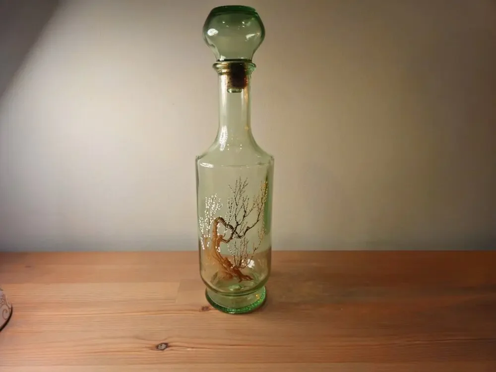 Vintage 1960's Green Willow Glass Liquor Decanter Gold Tree White Blossom 12